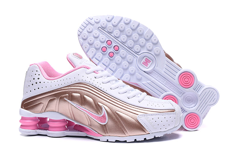 Women's Running Weapon Shox R4 Shoes White Gold Pink 001